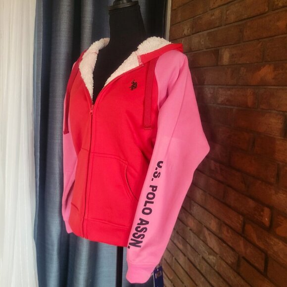 NWT! US Polo Assn Pink /Red Zip-up Hoodie with Sherpa Lining - Size M - Picture 2 of 10